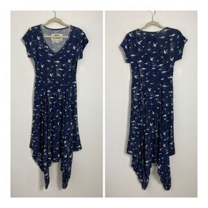 Effie's Heart Size Medium Navy Blue Dove Print Handkerchief Hemline Midi Dress
